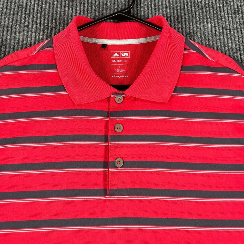 Adidas Shirt Polo Mens Large Red Striped Short Sleeve Climalite Outdoor Casual